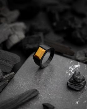 Preview: Siegelring aus schwarzem Titan mit Tigerauge-Stein - Credo Black Tiger